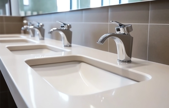 commercial sensor faucets installed in office restroom sinks