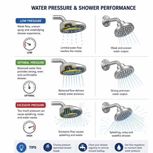 Diagram showing how pressure-optimized shower nozzle design improves spray force at low PSI